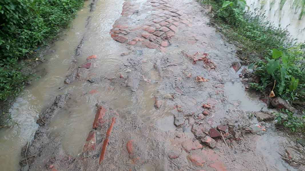 মাধবপুরে রাস্তার ইট সলিং ভেঙ্গে যাওয়ায় জনসাধারণের দুর্ভোগ