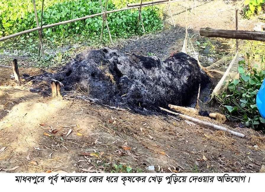 মাধবপুরে শক্রতার জেরে খড় পুড়িয়ে দেওয়ার অভিযোগ